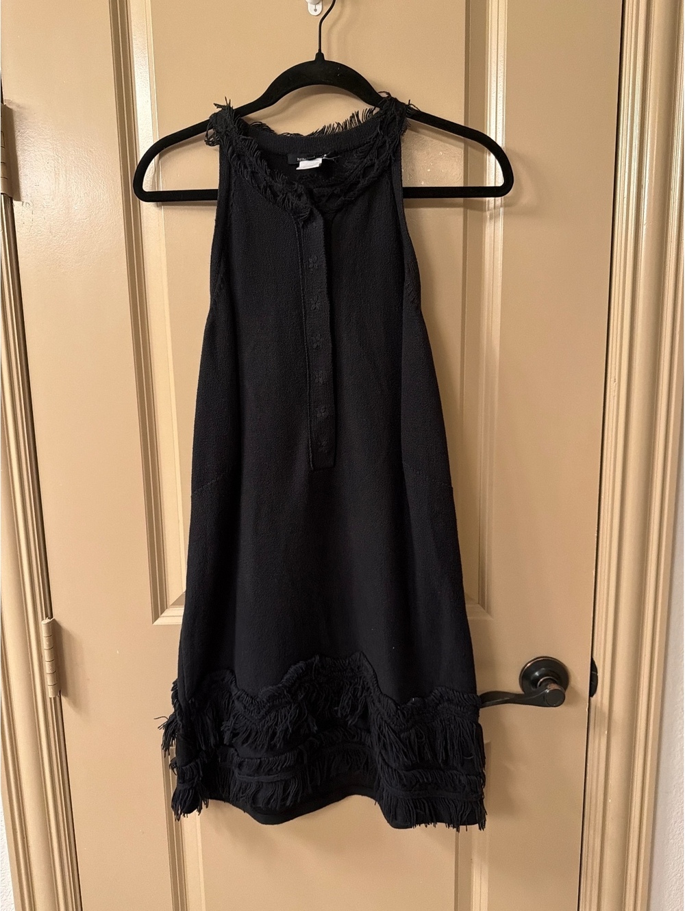 Nanette Lepore Black Sleeveless Dress with Fringe Trim and Button Front